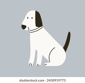 Cute puppy in Scandinavian style. Adorable black and white dog. Canine shepherd animal sitting. Funny doggy. Happy lovely pup, pooch. Kids childish Scandi drawing, flat vector illustration