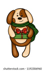 Cute puppy with scarf and gift vector illustration for new year or christmas greeting card, holiday poster, banner, logo, icon, printing. Smiling dog, doodle outline drawing, nursery character
