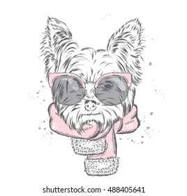 Cute puppy in a scarf. Vector illustration for a card or poster. Print on clothes. Beautiful dog. New Year's and Christmas. Winter. Warm clothes.