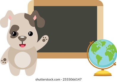 Cute puppy with school blackboard and globe