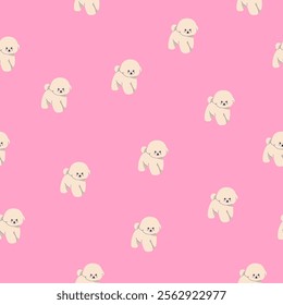 Cute puppy, seamless canine pattern. Bichon frise breed, tiny toy dog, endless background design. Sweet doggy, pup, repeating print for textile, fabric, wrapping. Colored flat vector illustration