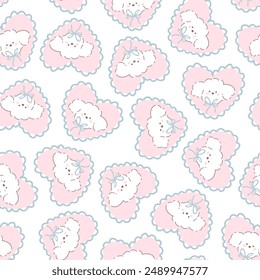 Cute puppy seamless pattern. Vector hand drawn cartoon kawaii character of a white poodle on a heart shaped pillow. Baby surface background perfect for printing textile, fabric, clothing