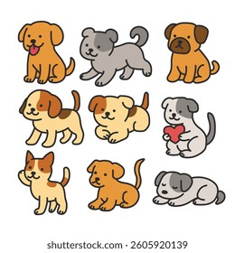 Cute puppy set. Vector flat pets collection poses