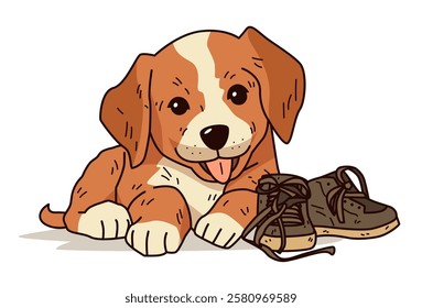 Cute puppy with shoes playful scene brown dog with tongue out next to tied sneakers on white background cartoon style pet illustration