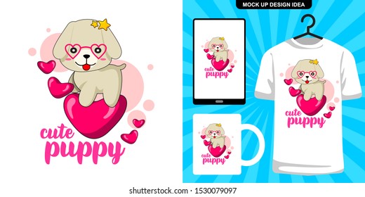 cute puppy sit on a heart. cute animal cartoon illustration and merchandising design