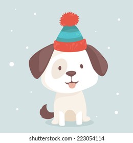 Cute puppy sits in winter hat, vector illustration