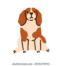 Cute puppy sitting in funny charming pose. Lovely adorable dog of Cavalier King Charles spaniel breed. Doggy, canine animal in seated position. Flat vector illustration isolated on white background