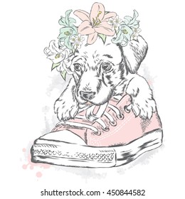 Cute puppy sitting in gym shoes. Vector illustration for greeting card, poster, or print on clothes.