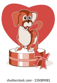 Cute puppy sitting on a round gift box on the background of the heart