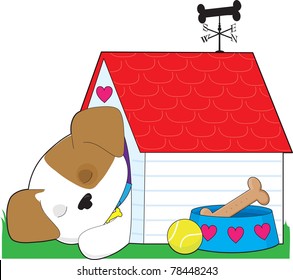 A cute puppy is sleeping in its dog house. The weathervane is shaped like a bone