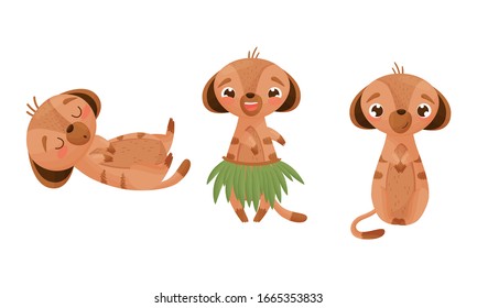 Cute Puppy Sleeping on Back, Sitting and Dancing in Palm Leaves Vector Set