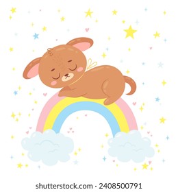 Cute puppy sleeping on the rainbow. Pretty animal character in a cartoon hand-drawn style with stars, hearts, clouds. Can be used for t-shirt print, nursery decorations, baby shower card, birthday