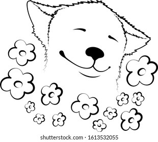 A cute puppy is smiling surrounded by flowers. Line art in eps.