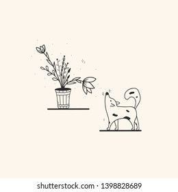 Cute puppy sniffs a bunch of flowers in a wooden pot.