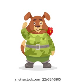 Cute puppy soldier saluting vector illustration. Cartoon dog character in military uniform with flower in mouth isolated on white background. Animal, army, war, conflict concept