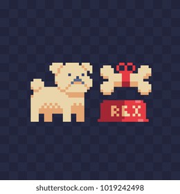 Cute puppy spitz cartoon character and bowl of food and dog bone. Pixel art pet icon. 8-bit sprite. Element design for stickers, logo, embroidery, mobile app. Isolated vector illustration.