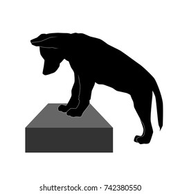 cute puppy standing on box with front paws vector black silhouette isolated on white background