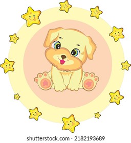 Cute puppy with stars.Cartoon style hand drawn vector illustration.