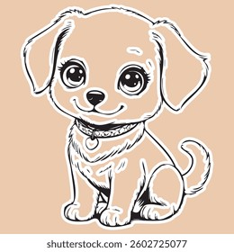 The cute puppy sticker, drawn in doodle style, looks charming and playful. It is drawn with simple, slightly careless lines, which gives the drawing lightness and funny dynamics.