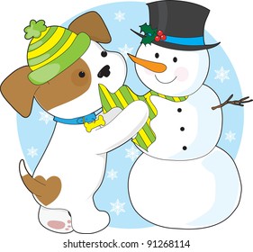 A cute puppy with a striped toque, plays with a snowman with a top-hat and striped scarf.