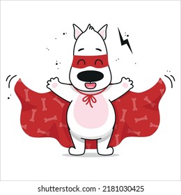 A cute puppy superhero. Funny dog in hero clothes. Vector illustration for designs, prints and patterns. Isolated on white background. Postcard in children's cartoon style.