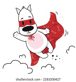 A cute puppy superhero. Funny dog in hero clothes. Vector illustration for designs, prints and patterns. Isolated on white background. Postcard in children's cartoon style.