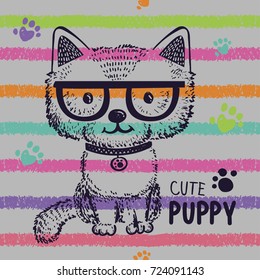 Cute puppy t shirt design. Grey background with repeated colorful stripes, paws. Sketch hand drawn little dog in glasses. Teenagers modern poster