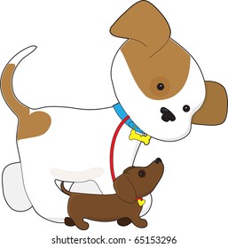 A cute puppy is taking a little dachshund puppy for a walk