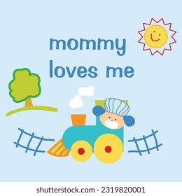 Cute Welpe mit Zug und Bäume Text Mommy liebt mich, glückliche Sonne, Mode Stil.