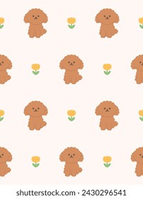 Cute puppy and tulip flower seamless pattern. Vector illustration. 
