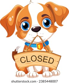 Cute puppy using its mouth to hold a closed sign banner
