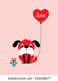cute puppy valentine greeting card with balloon