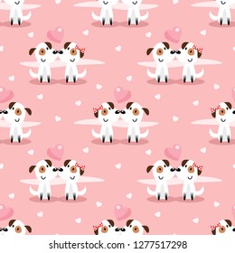 Cute puppy in Valentine seamless pattern. Lovely animal concept.