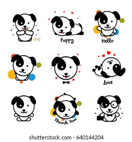 Cute puppy vector logo set. Favorite pet logotype collection. Joyful and cheerful human friend in the cartoon style icons, is played in a bone, lies, loves, welcomes and rests