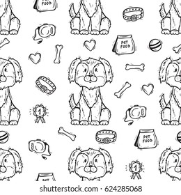 Cute Puppy. Vector Seamless pattern with Hand Drawn Doodle Dog and accessories for Pets 