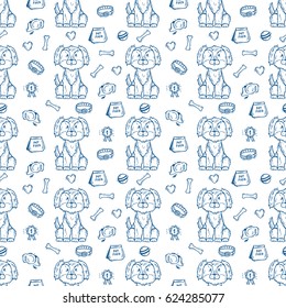 Cute Puppy. Vector Seamless pattern with Hand Drawn Doodle Dog and accessories for Pets 