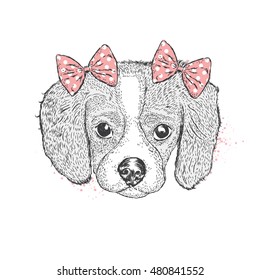 Cute puppy wearing a bow. Vector illustration for postcards or posters. Charming dog.