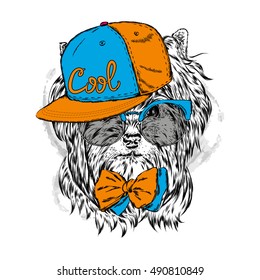 Cute puppy wearing a cap and sunglasses. Vector illustration for greeting card, poster, or print on clothes. Pedigree dog. Yorkshire Terrier.