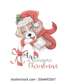Cute puppy wearing a christmas hat and holding a candy