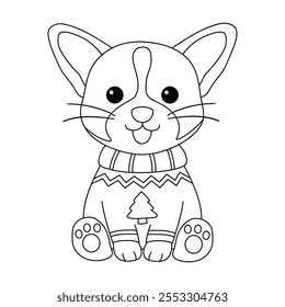 A cute puppy wearing a Christmas sweater coloring pages for kids. Trace and color dog Christmas character. Holiday seasons worksheet printable for kids. Christmas worksheet.