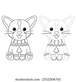 A cute puppy wearing a Christmas sweater coloring pages for kids. Trace and color dog Christmas character. Holiday seasons worksheet printable for kids. Christmas worksheet.