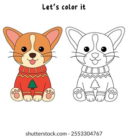 A cute puppy wearing a Christmas sweater coloring pages for kids. Trace and color dog Christmas character. Holiday seasons worksheet printable for kids. Christmas worksheet.