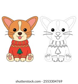 A cute puppy wearing a Christmas sweater coloring pages for kids. Trace and color dog Christmas character. Holiday seasons worksheet printable for kids. Christmas worksheet.