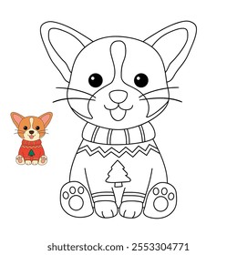 A cute puppy wearing a Christmas sweater coloring pages for kids. Trace and color dog Christmas character. Holiday seasons worksheet printable for kids. Christmas worksheet.