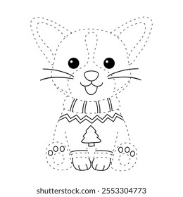 A cute puppy wearing a Christmas sweater coloring pages for kids. Trace and color dog Christmas character. Holiday seasons worksheet printable for kids. Christmas worksheet.