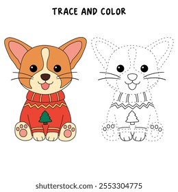 A cute puppy wearing a Christmas sweater coloring pages for kids. Trace and color dog Christmas character. Holiday seasons worksheet printable for kids. Christmas worksheet.