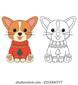 A cute puppy wearing a Christmas sweater coloring pages for kids. Trace and color dog Christmas character. Holiday seasons worksheet printable for kids. Christmas worksheet.