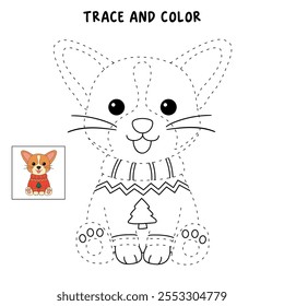 A cute puppy wearing a Christmas sweater coloring pages for kids. Trace and color dog Christmas character. Holiday seasons worksheet printable for kids. Christmas worksheet.