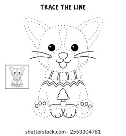 A cute puppy wearing a Christmas sweater coloring pages for kids. Trace and color dog Christmas character. Holiday seasons worksheet printable for kids. Christmas worksheet.