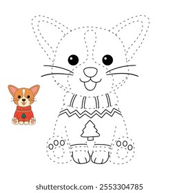 A cute puppy wearing a Christmas sweater coloring pages for kids. Trace and color dog Christmas character. Holiday seasons worksheet printable for kids. Christmas worksheet.